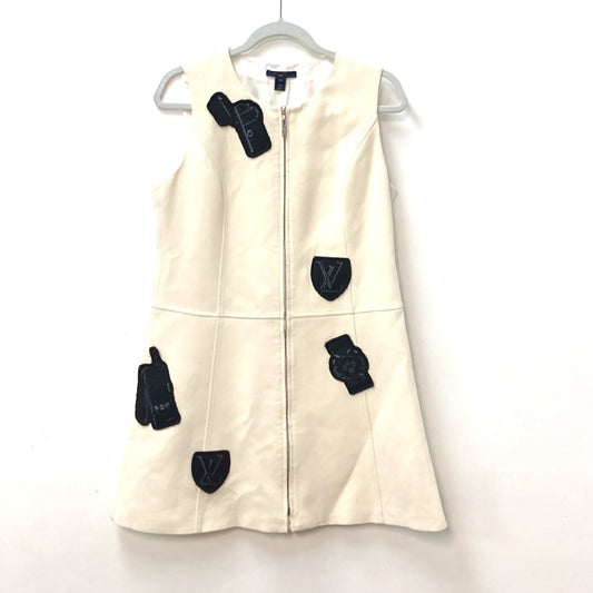 LOUIS VUITTON Patch Embroidered Sleeveless Front Zip Dress RW192 Women's Polyester Beige
