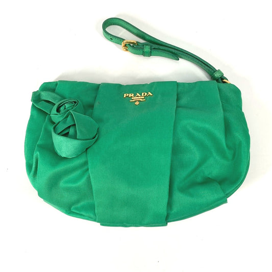 PRADA Makeup Pouch, Logo Clutch Bag with Strap, Nylon, Green, Women's