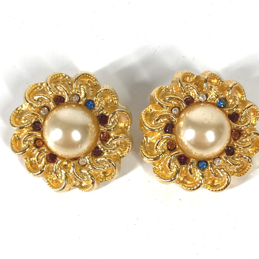 CHANEL Vintage Flower Rhinestone and Faux Pearl Earrings in Metal, Gold, for Women