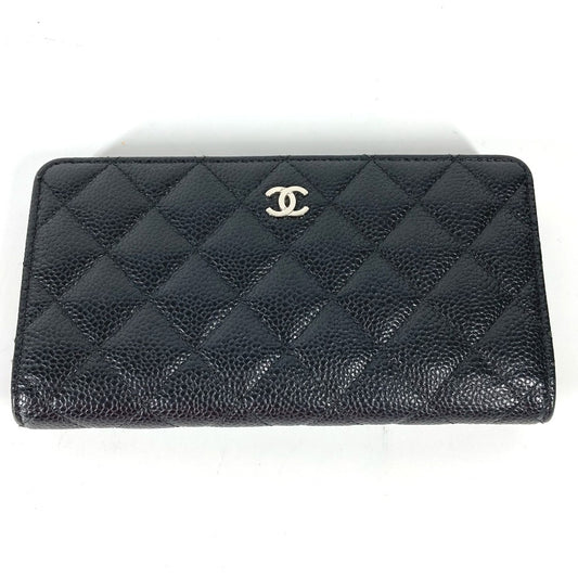 CHANEL Long Wallet CC Coco Mark Matelasse Quilted Bifold Long Wallet Caviar Leather Women's Black