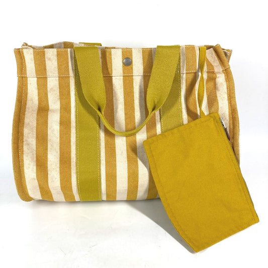 HERMES Cannes MM Striped Shoulder Bag/Tote Bag with Pouch, Canvas, Women's, Yellow