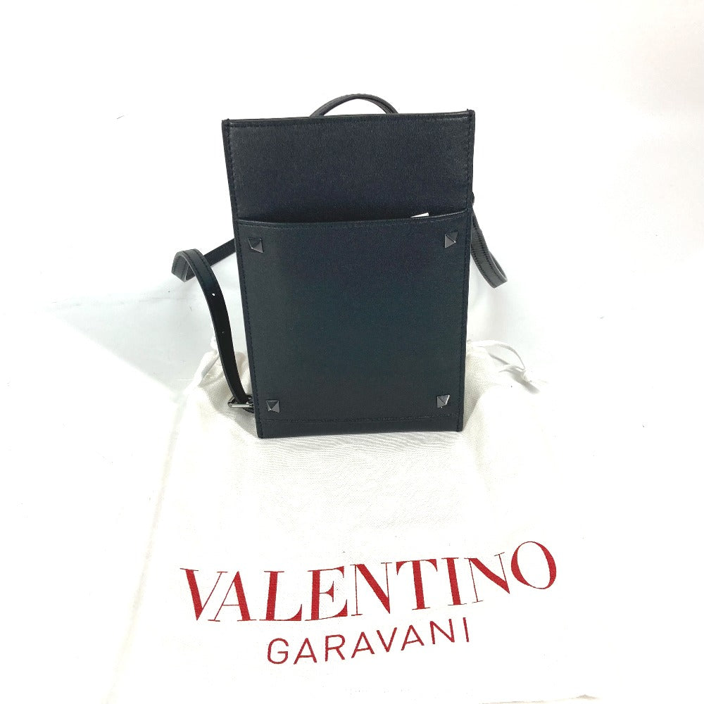VALENTINO Crossbody Pochette with Logo Studs, Leather Shoulder Bag, Black, Women's