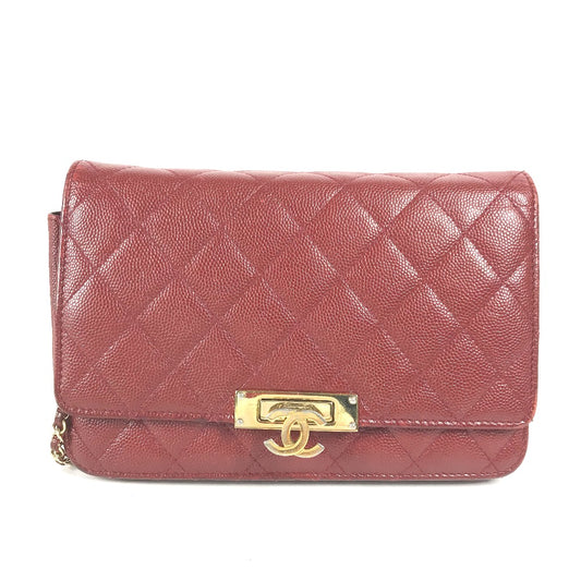 CHANEL CC ココマーク ココロック チェーンウォレット ショルダーバッグ 肩掛け 斜め掛け ポシェット 長財布 キャビアスキン レディース レッド×ゴールド金具 - brandshop-reference