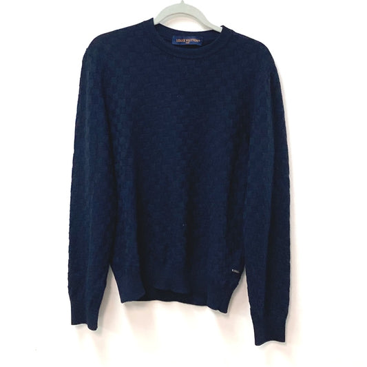 LOUIS VUITTON Damier knit long-sleeved sweater, RM222Q, men's wool, navy.