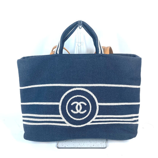 CHANEL A92240 กระเป๋าโท้ทสะพายไหล่ CC โลโก้โคโค่ 2WAY ผ้าเดนิม กระเป๋าสะพายข้าง ผ้าเดนิม ผู้หญิง สีน้ำเงิน