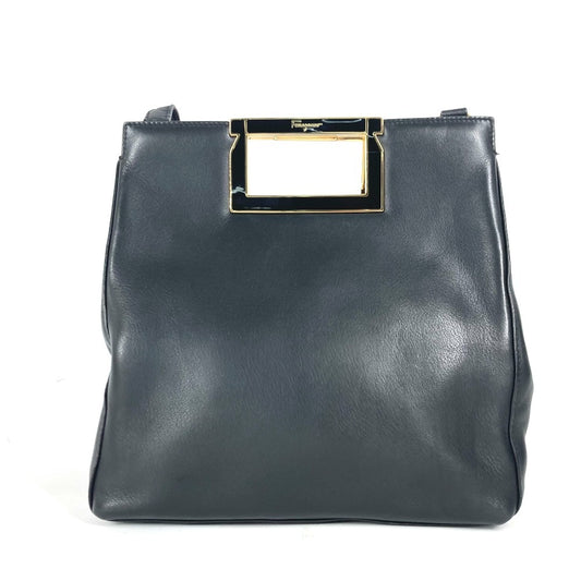 Salvatore Ferragamo logo metal handle 2-way bag, handbag, pochette, crossbody, shoulder bag, leather, women's, black