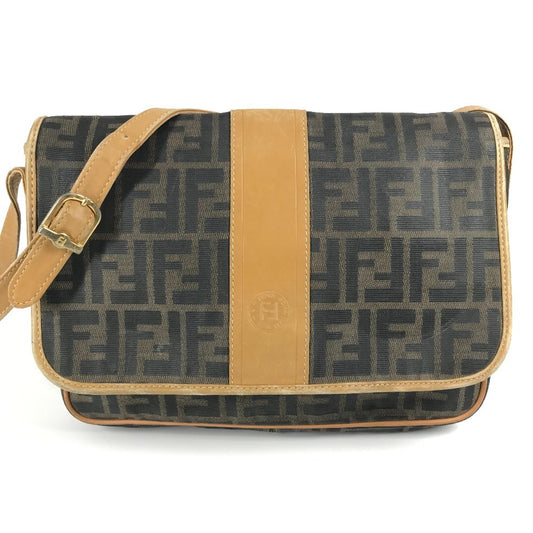 Fendi Vintage Zucca Logo Bag Flap Crossbody Bahu Beg PVC/Kulit Unisex Brown