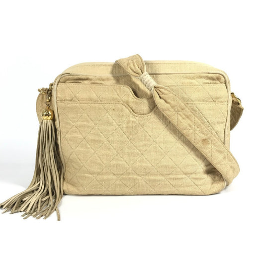 CHANEL Vintage Logo Matelasse Quilted Fringe Tassel Crossbody Bag with Coco Ball Tassel Canvas Shoulder Bag, Women's, Beige