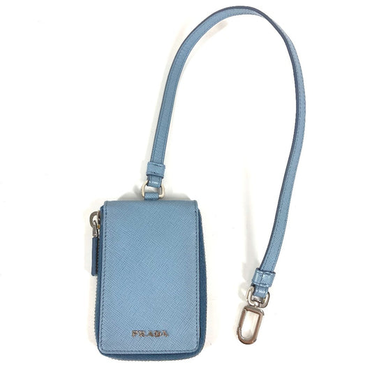 PRADA Round Zipper Key Case with Strap, Logo, 6-Piece Key Case, Leather, Unisex, Blue