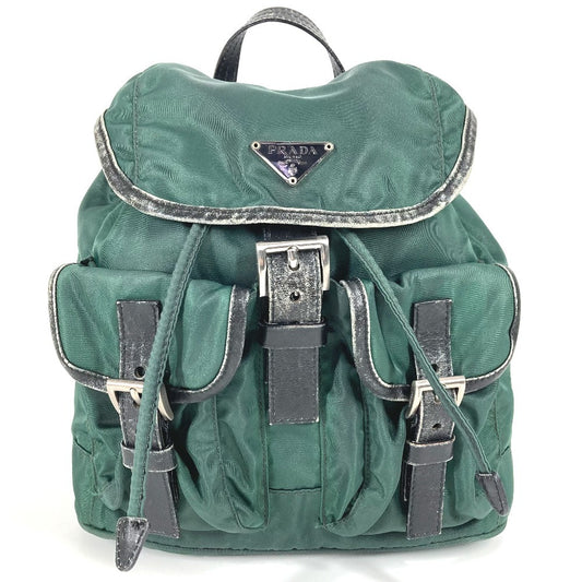 PRADA กระเป๋าเป้สะพายหลัง ไนลอน/หนัง แท้ สีเขียว โลโก้สามเหลี่ยมสองสี unisex