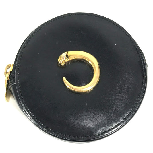 CARTIER Panther Logo Compact Wallet with Round Zipper, Unisex Leather, Black