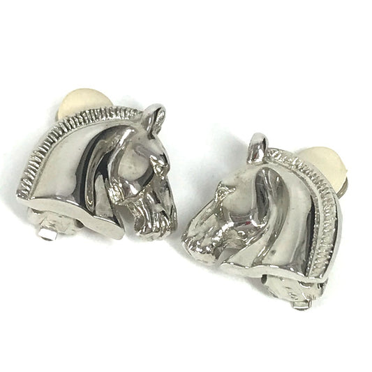 HERMES Cheval Horse Logo Earrings, Metal, Silver, for Women