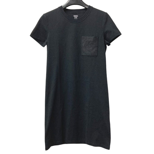 HERMES 半袖 シャツワンピ 刺繍入り モザイク Hロゴ ポケット アパレル Tシャツワンピース ラウンドネック ワンピース コットン レディース ブラック