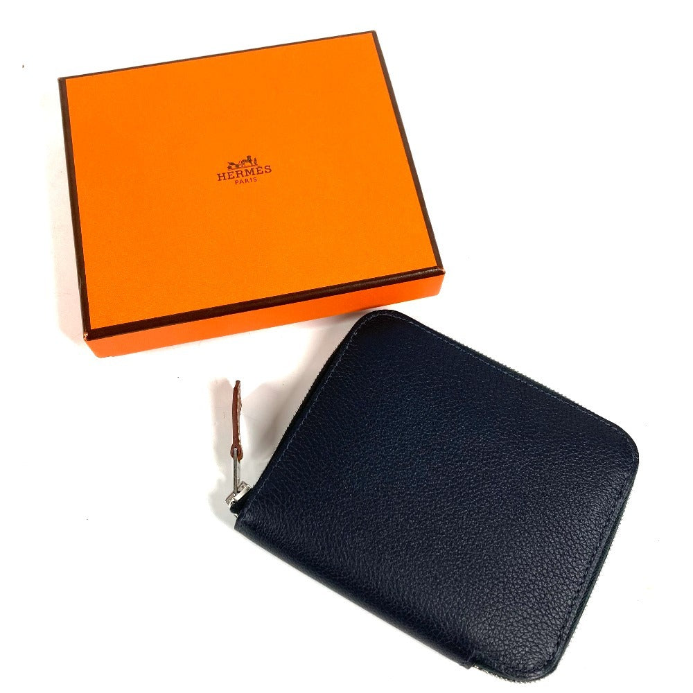 HERMES Azap Silk In Compact Business Card Case, Pass Case, Card Case, Coin Purse, Round Zipper Bifold Wallet, Leather, Unisex, Navy