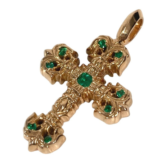 CHROME HEARTS CHARM FILIGREE TINY P EMRLD Tiny Filigree Cross Pave Emerald Pendant in 22K Gold, Unisex