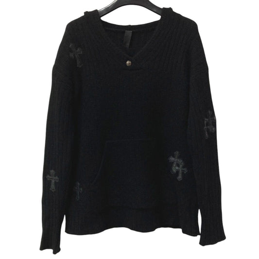 CHROME HEARTS Men's Black Long Sleeve Hoodie with Cross Patch and Leather Tag, Cashmere Knit
