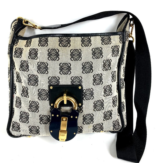 LOEWE ヴィンテージ 南京錠 ロゴ カバン 斜め掛け ショルダーバッグ レザー/キャンバス ユニセックス ブラック