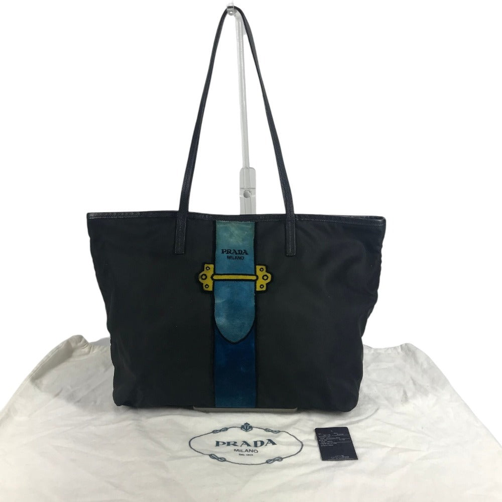 PRADA Cahier Trompe L'oeil Logo Stripe Bag Shoulder Bag Tote Bag Leather/Nylon Unisex Black