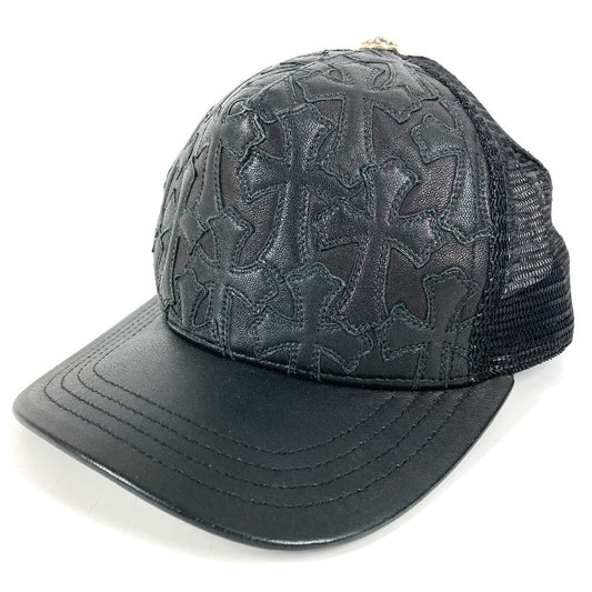 CHROME HEARTS Cemetery Cross Leather Patch Trucker Cap Cemetery Cross Leather Patch Leather Hat Cap Baseball Mesh Cap Leather Unisex Black