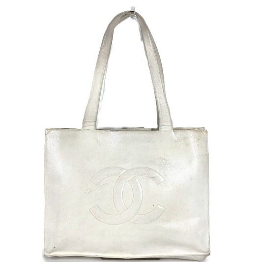CHANEL ヴィンテージ ロゴ CC ココマーク 肩掛け カバン トートバッグ ショルダーバッグ キャビアスキン ユニセックス ホワイト