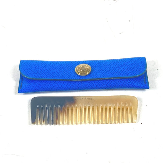 HERMES Hair Care Accessory, Mini Comb with Case and Pouch, Buffalo Horn, Unisex, Beige