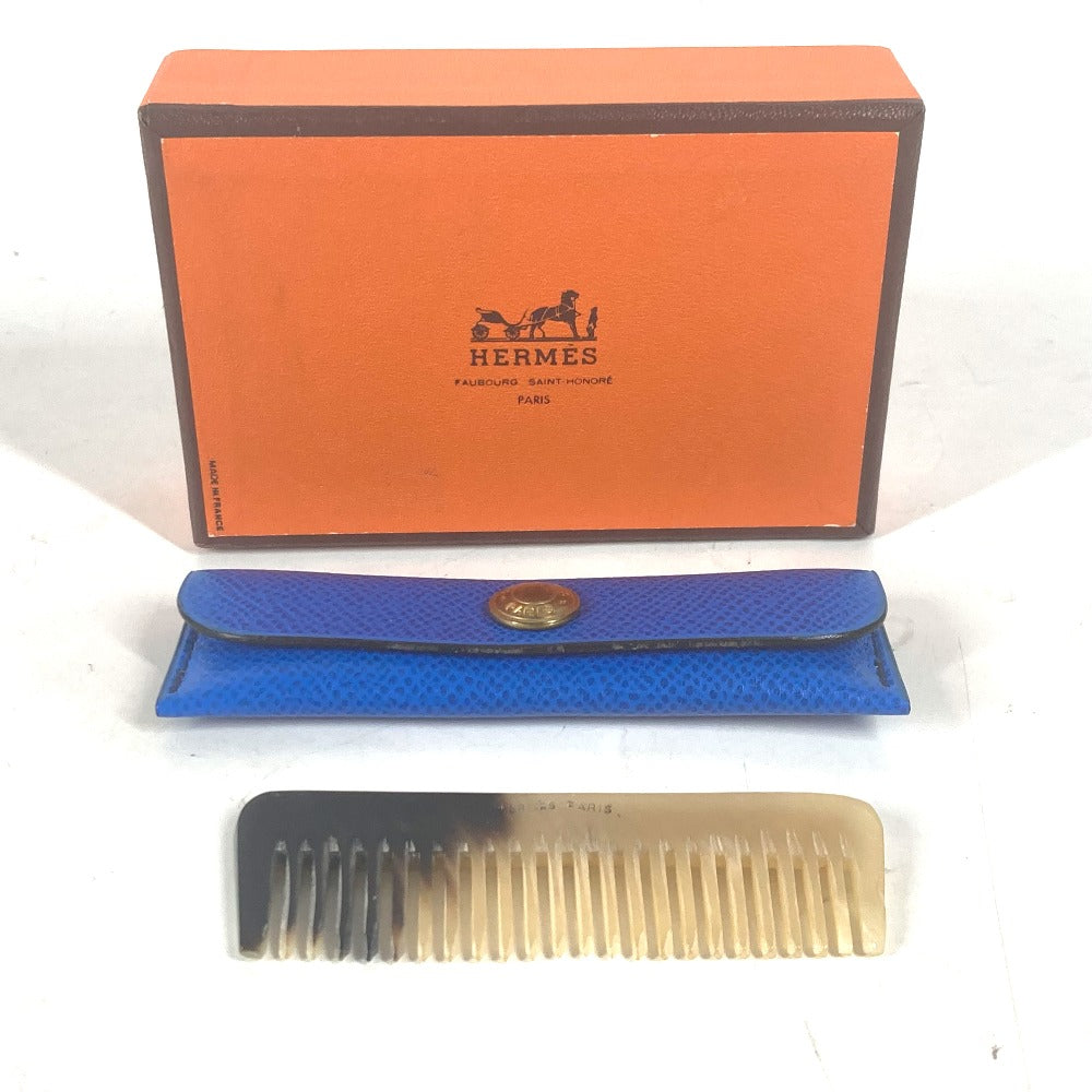 HERMES Hair Care Accessory, Mini Comb with Case and Pouch, Buffalo Horn, Unisex, Beige
