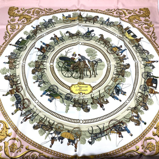 HERMES カレ90 LA PROMENADE DE LONGCHAMPS ロンシャンへの散歩 スカーフ シルク レディース ピンク - brandshop-reference