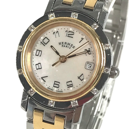 HERMES CL4.222 12P Diamond Butterfly Buckle Combination Clipper Nacre Quartz Date Watch Round Face Two-tone Wristwatch Gold Plated / SS Silver/Gold Used