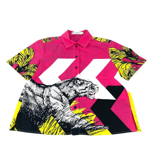 Dior 221B92A3683 Tiger Collared Top, Short Sleeve Cotton Shirt, Pink, Women's