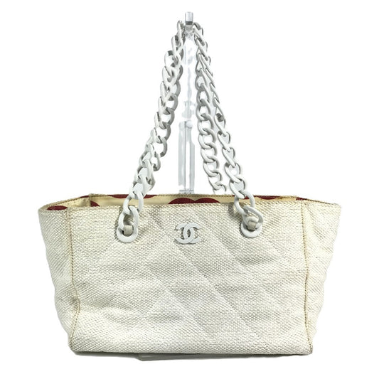 CHANEL Double Chain with Phone Pouch, Logo Matelasse Quilted Shoulder Tote Bag, Plastic Chain, Linen, Women's, White