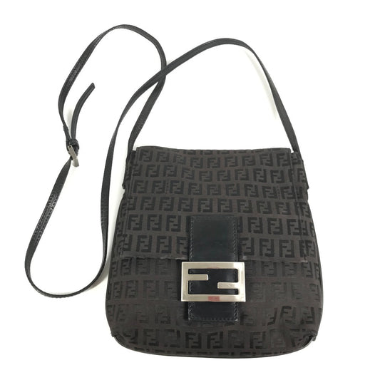 FENDI ズッキーノ ロゴ カバン フラップ 斜め掛け ポシェット ショルダーバッグ レザー/キャンバス ユニセックス ブラック