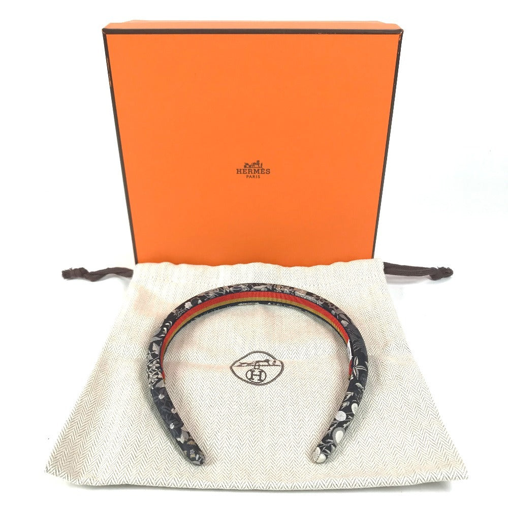 HERMES Hairband, headband, all-over print, logo Katyusha silk Black Used
