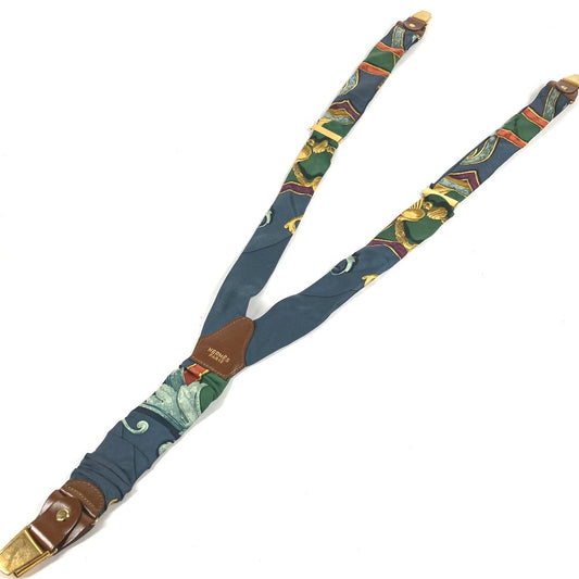 HERMES vintage Logo Apparel, Fashion Accessories suspenders silk / Leather Navy/Green Used