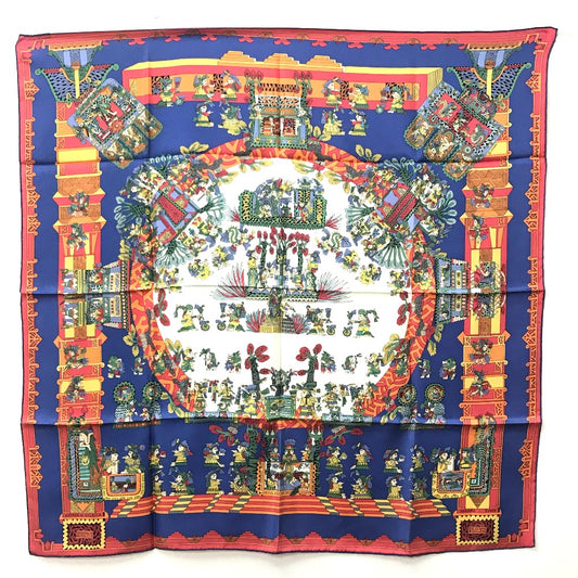 HERMES Carré 90 ASTRES et SOLEILS Celestial Bodies and Sun Ethnic Silk Scarf Women's Blue/Red/White