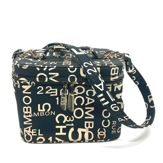 CHANEL Bi-Cea Line Logo Vanity Bag, Cosmetic Bag, 2-Way Shoulder Bag/Handbag, Cotton Canvas, Women's, Black