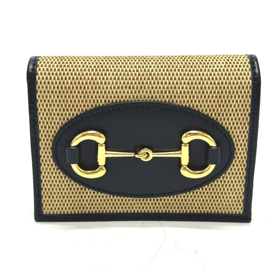 GUCCI 621887 Horsebit Compact Wallet, Tri-fold Canvas/Leather, Women's, Beige