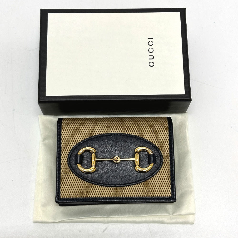GUCCI 621887 Horsebit Compact Wallet, Tri-fold Canvas/Leather, Women's, Beige