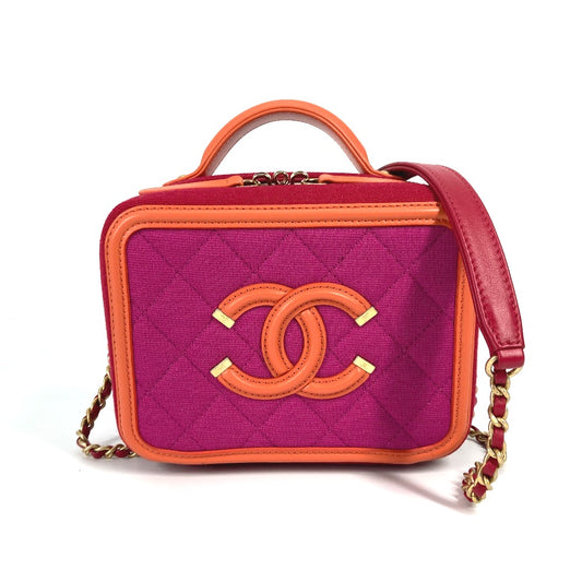 CHANEL Coco Mark CC Filigree Vanity Bag, 2-Way Chain Shoulder Bag, Canvas/Leather, Red, Women's