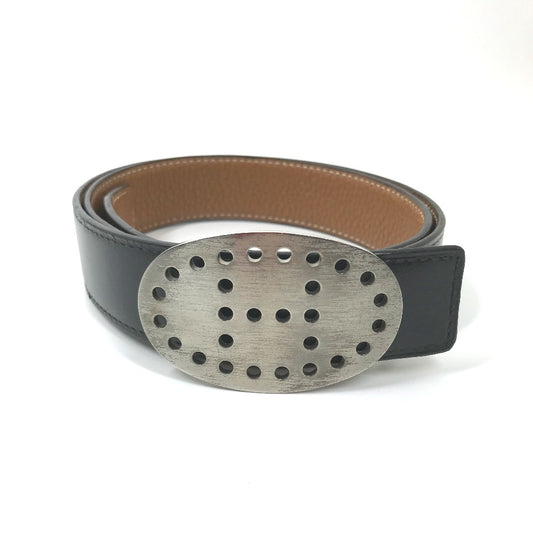 HERMES Reversible Perforated Logo H Logo Belt Leather Men's Black