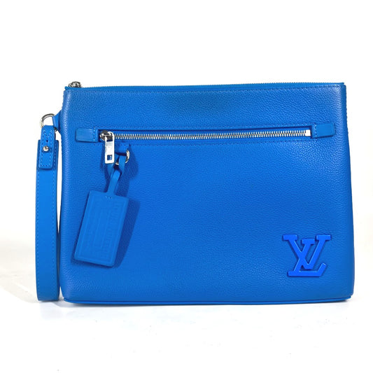 LOUIS VUITTON M82270 Aerogram LV Logo Take-Off Pouch Bag with Strap, Leather Clutch Bag, Unisex, Blue