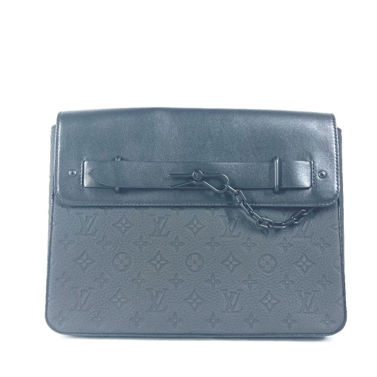LOUIS VUITTON M80140 Taurillon Monogram Pochette Steamer Clutch Bag with Strap, Taurillon Leather, Unisex, Noir Black