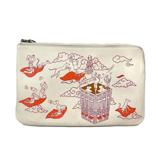 HERMES Carre Pocket Long Small Item Case Flat Pouch Bag Clutch Pouch Leather Women's Ivory