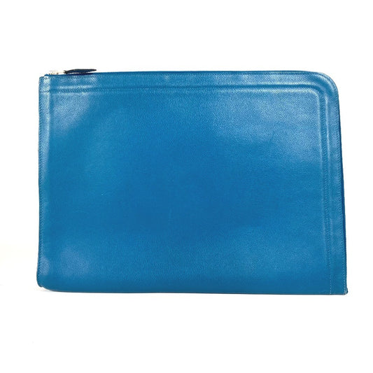 HERMES L-shaped zipper bag, pouch, clutch bag, leather, unisex, blue