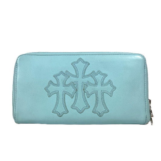 Chrome Hearts Rec Zip 3 Ptch Cemetery Cross Patch Round Zipper Long Wallet, Unisex, Light Blue Leather