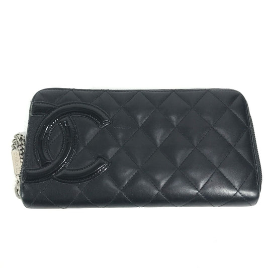 CHANEL A50078 Cambon CC Coco Mark Long Wallet, Round Zipper, Leather, Women's, Black