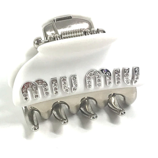 MIUMIU Logo Rhinestone Hair Clip Hair Accessory Metal Hairpin Women's White