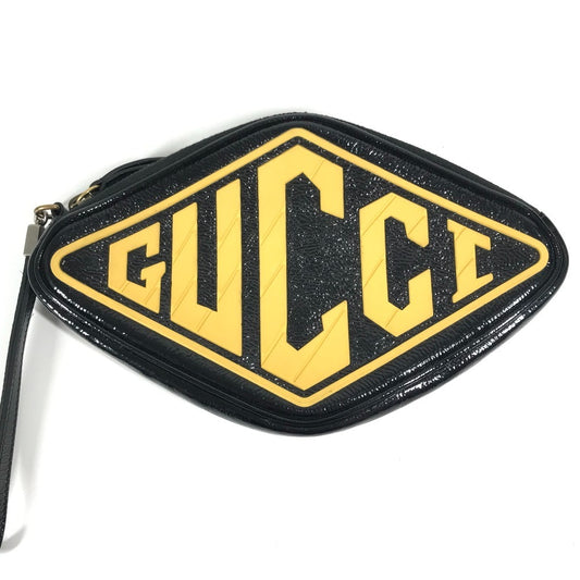 GUCCI 524316 Game List Logo Strap Pouch Clutch Bag Patent Leather Unisex Black