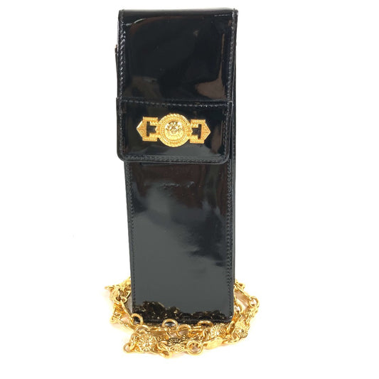 VERSACE กระเป๋าโทรศัพท์ดีไซน์วินเทจ Sunburst Logo กระเป๋าถือ กระเป๋าสะพายข้างแบบฝาพับ กระเป๋าสะพายข้าง กระเป๋าสะพายไหล่ หนังแก้ว สีดำ สำหรับผู้หญิง