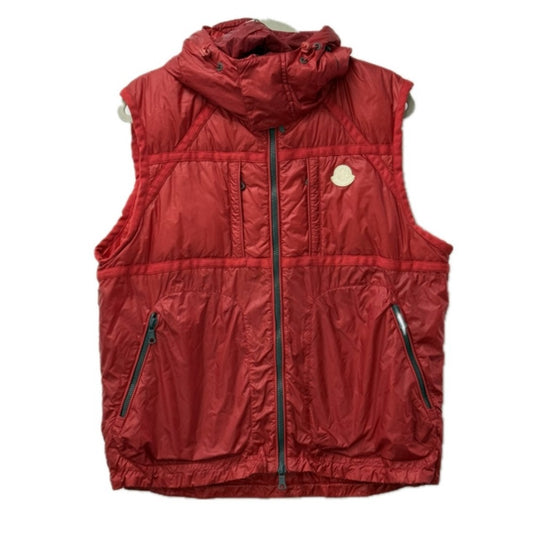 MONCLER Hever Gilet Hever Vest, a sleeveless down vest with a hood, available in red.