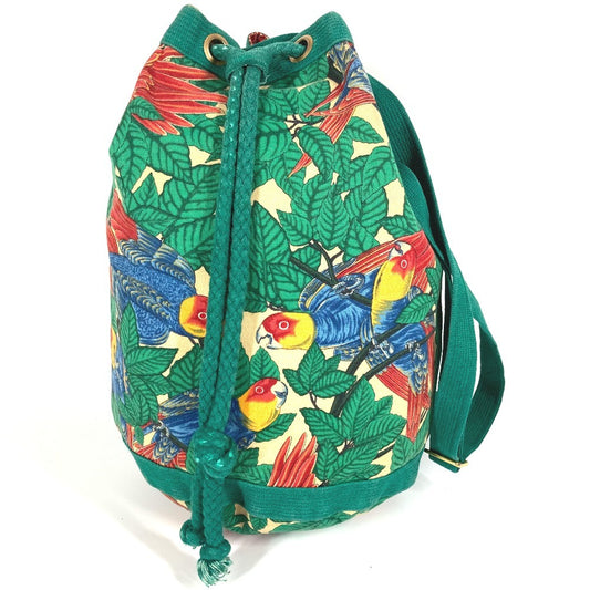 HERMES ヴィンテージ 鳥柄 カバン 肩掛け 巾着バッグ ショルダーバッグ コットン レディース グリーン